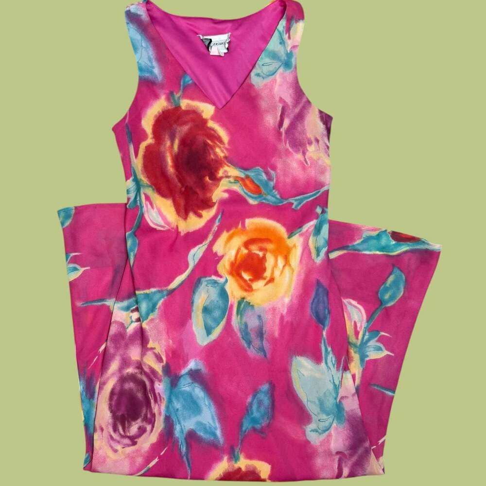 Vintage 90s Hot Pink Floral Rose Print Sleeveless Long Maxi Dress - Picture 6 of 7